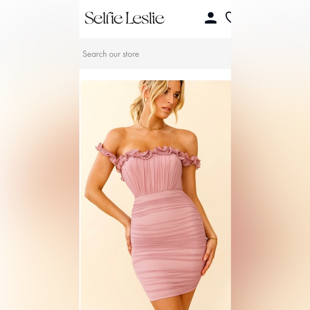 Selfie Leslie OFF-SHOULDER LETTUCE EDGE DETAIL RUCHED MINI DRESS BLUSH